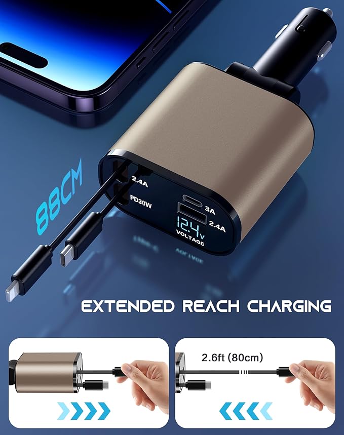 Mifanstech Retractable Car Phone Charger, 4 in 1 Fast Charge Car Phone Charger with 2 Retractable Cables(2.6ft) and 2 USB Ports, Compatible with iPhone15/14/15 Pro Max,Samsung (Gold)