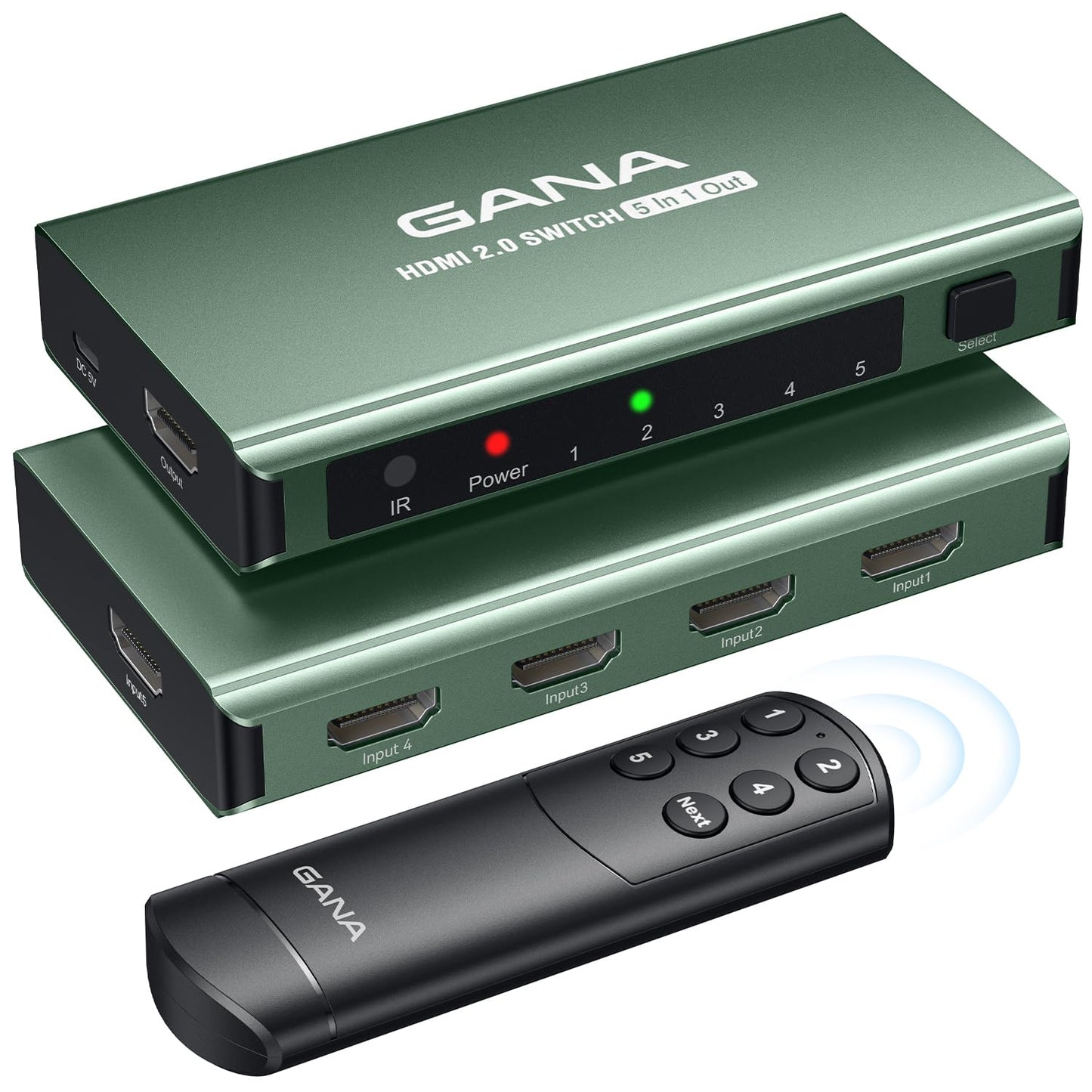 HDMI Switch 5 in 1 Out 4K@60Hz, GANA HDMI Splitter Switcher with Remote, Aluminum HDMI 2.0 Switch Box Hub for 3D, HDCP2.2, HDR, Compatible with Xbox, PS5/4/3,Fire Stick,Roku,Blu-Ray Player, Green