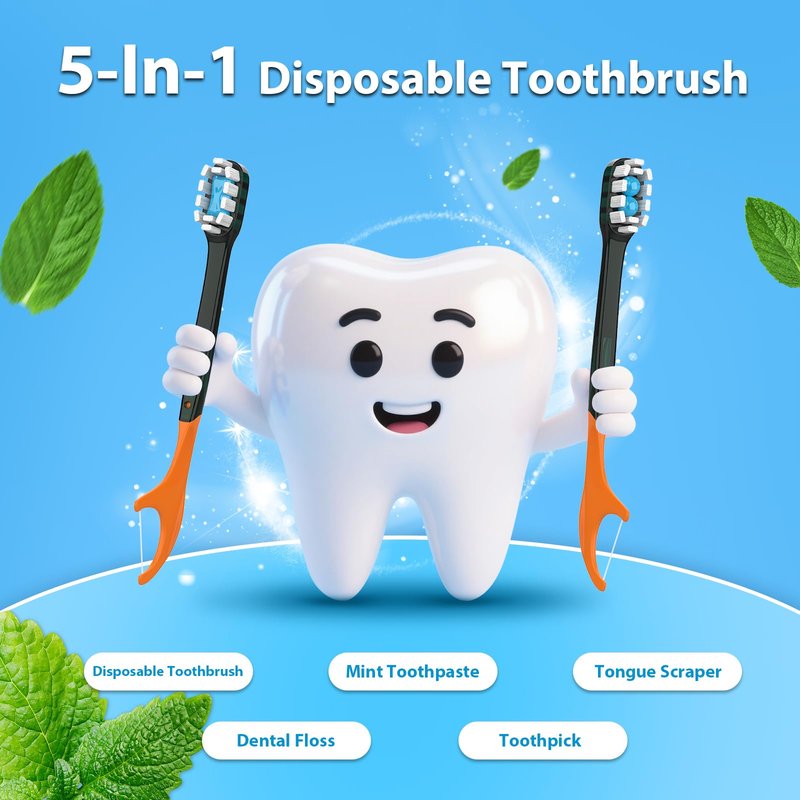 40Pack Disposable Toothbrushes with Toothpaste + Pick + Floss + Tongue Scraper 5-in-1 Mini Prepasted Travel Toothbrush for Hotel Camping Flight Car Single Use Portable Individually Wrapped | Mint