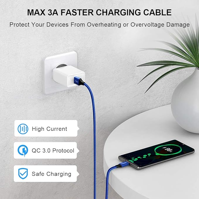 etguuds USB A to USB C Cable 6ft, 2-Pack, 3A Fast Charging Type C Charger Cord for iPhone 17 16 15 Pro Max 16e 17 Air, Samsung Galaxy S25 S24 S23 S22 S21 S20 A17 A16 A56 A55 Flip Fold, Blue