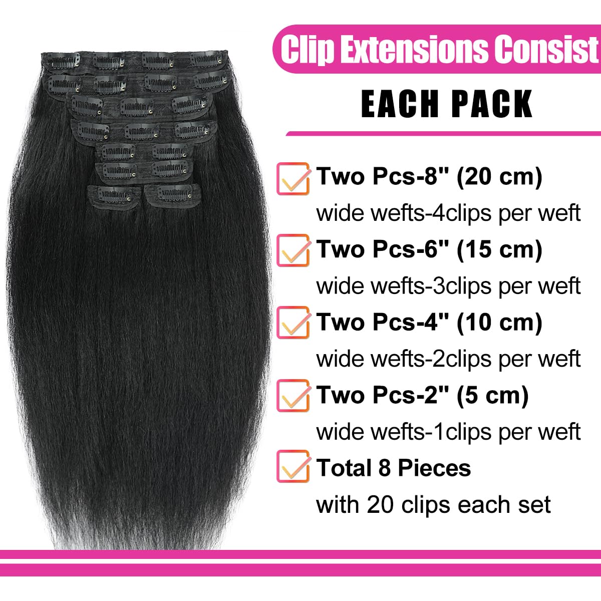 Yaki Straight Clip ins for Black Women Full Head unprocessed Brazilian Remy Human Hair Extensions 110g18 Inch Seamless Clip ins Human Hair with 20Clips Double Weft Natural Black