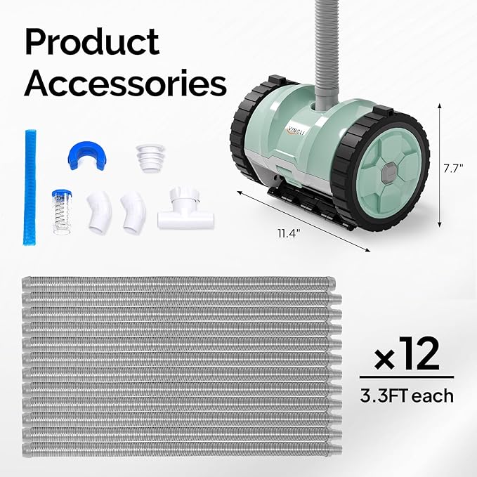 VINGLI Pool Vacuum Cleaner, Automatic Pool Sweeper for Ground&Inground Pools, Suction Side Wall-Climbing Sweeper with 39.6ft Tangle-Free Hose (Mint Green&Gray)