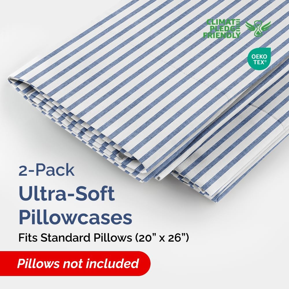 Skiennix Standard Pillow Cases - Ultra-Soft Hotel Quality Covers | Comfy, Wrinkle-Free, Stain & Fade Resistant | 2-Piece Set in Blue Stripes