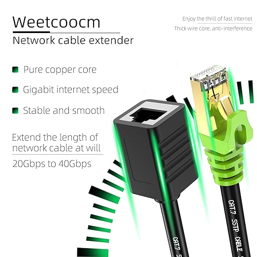Weetcoocm Ethernet Extension Cable 65ft, Network Cat6a Extension Patch Cable RJ45 Cords Shielded Male to Female Connector (65FT)