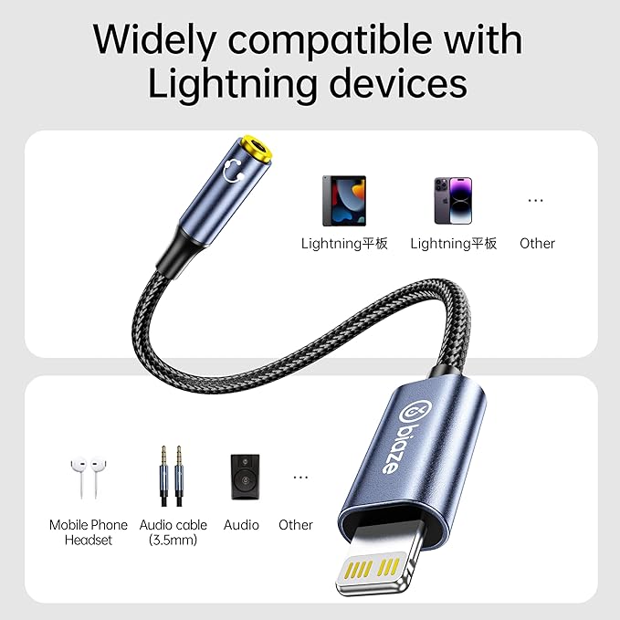 biaze iPhone Headphone Adapter, Lightning to 3.5mm Adapter Auxiliary Adapter, Compatible with iPhone 14/13 /12/11 Full Series/SE/X/XR/XS/8 (Lightning to 3.5mm)