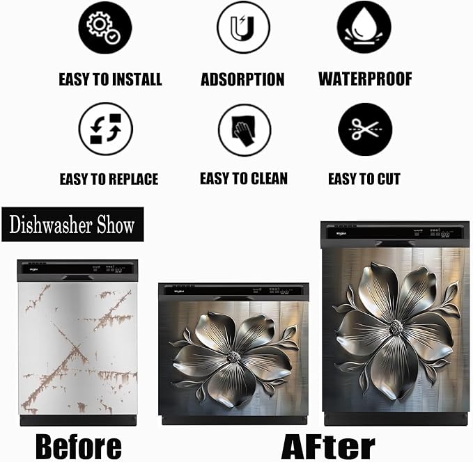 Metal Flower Dishwasher Magnetic Cover for Door Front, Retro Style Stainless Steel Refrigerator Magnet Decor Sticker, Dishwasher Magnet Panel Decal for Fridge Home Appliance 23 W x 17 H inches