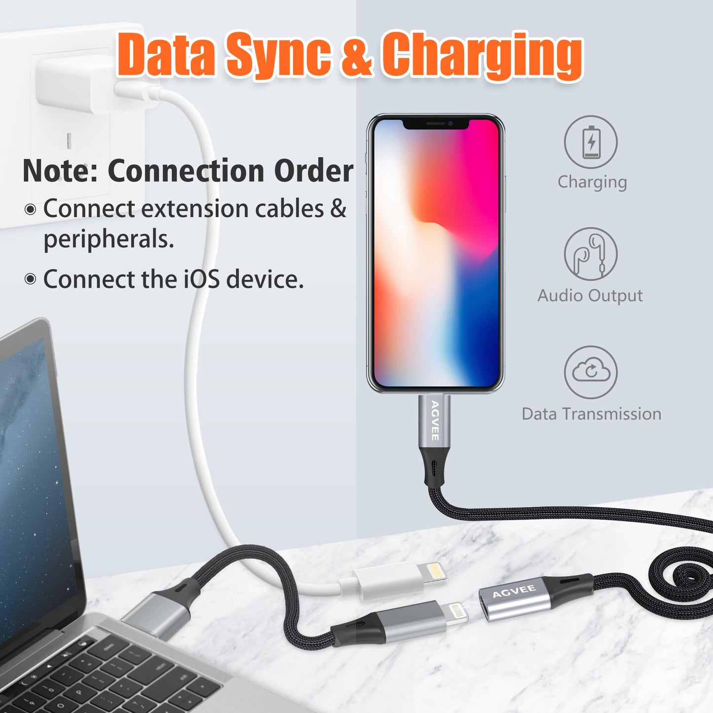AGVEE 6.6ft Lightning Extension Cable, Braided Female to Male Extender Full Function Cord Compatible with iPhone iPad, Data Sync Video Audio & Charging Connector Adapter, Dark Gray