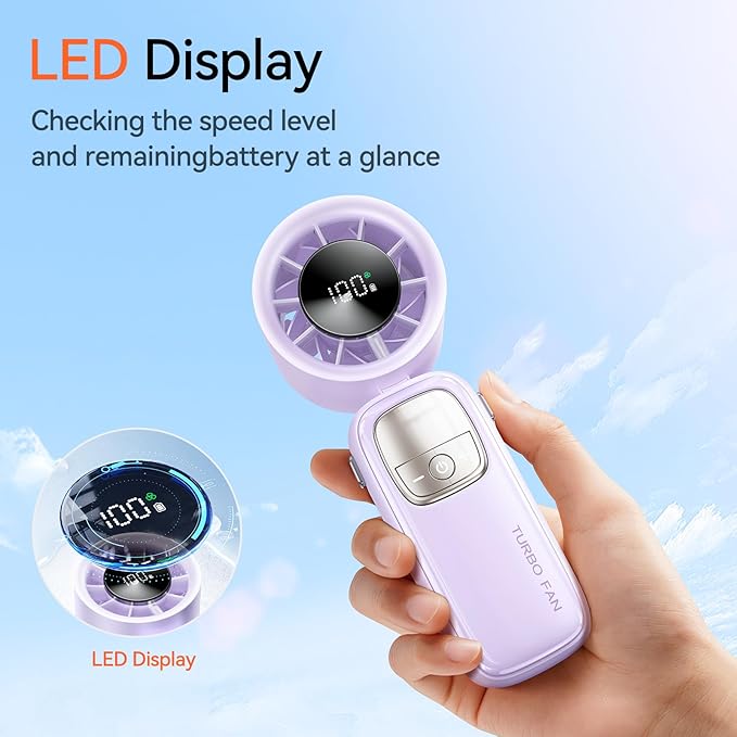 KIMMOO 3-in-1 Portable Handheld Turbo Fan-100 Speeds, 11000 RPM, 10Hrs Cooling, LED Display, 90° Rotation, Small Travel Fan, Mini Foldable Hand Held Personal Fan for Women Men (Purple)