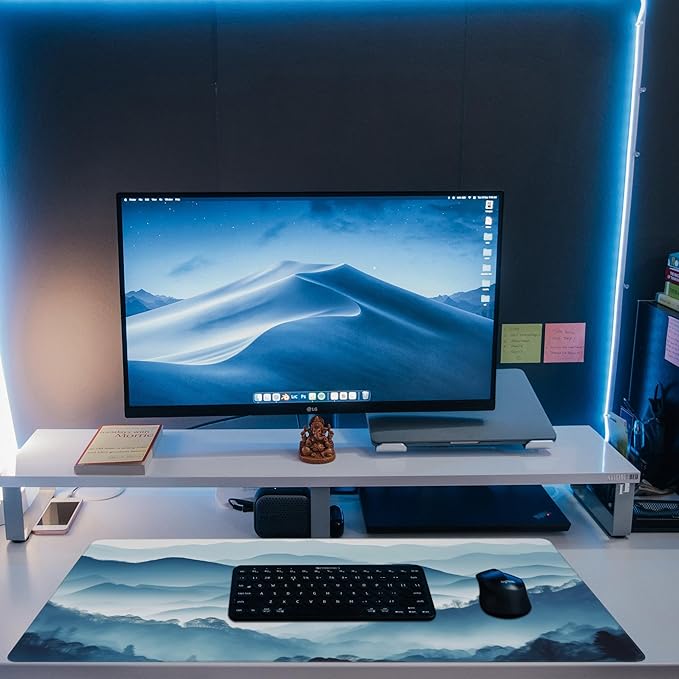 Eflxamz Large Gaming Mouse Pad, Mountain Desk Mat, Misty Forest Mountains Desk Pad, Extended Big Computer Keyboard Mouse Pad with Non-Slip Base and Stitched Edge, 35.4"x15.7"