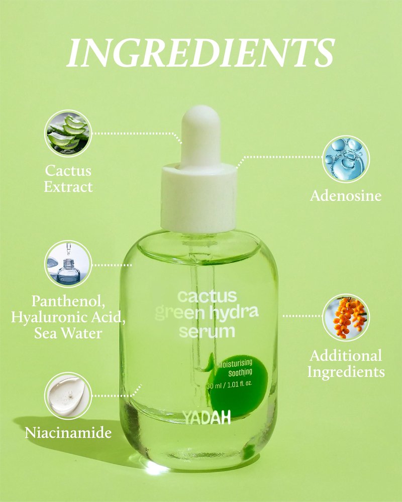 YADAH Cactus Green Hydra Serum (1.01fl oz) - Hydration, Oil-Moisture Balance, Strengthen Skin Barrier. Niacinamide, Adenosine.