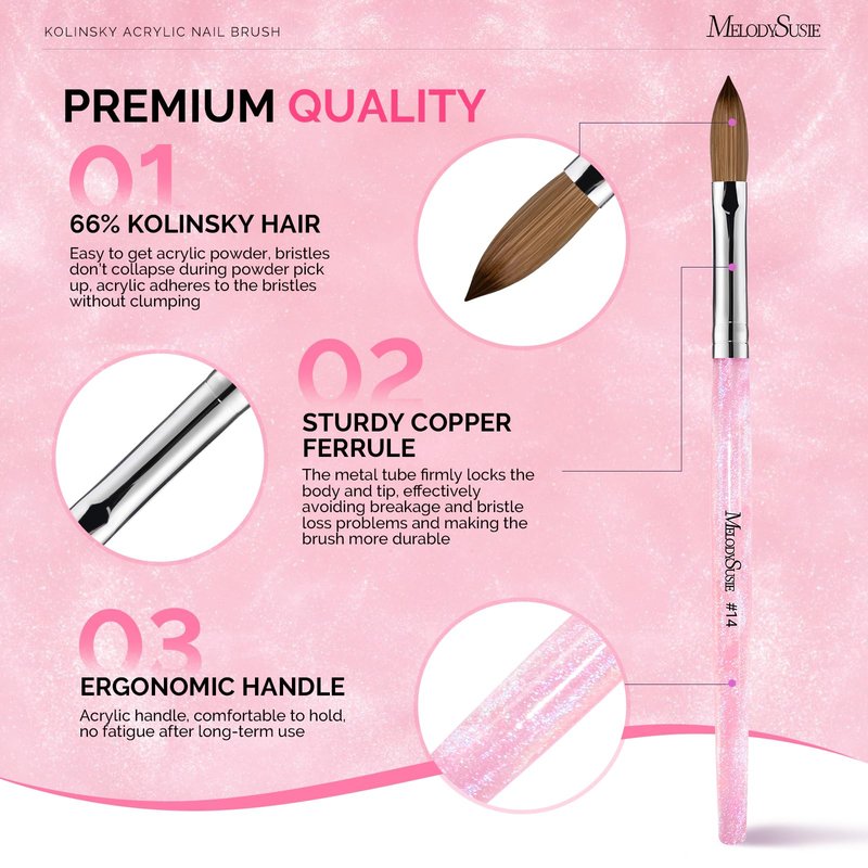 MelodySusie Kolinsky Acrylic Nail Brush,66% Kolinsky Hair Professional Nail Art Brush for Acrylic Application, Aurora Collection Fine Glitter Brush,Size 14