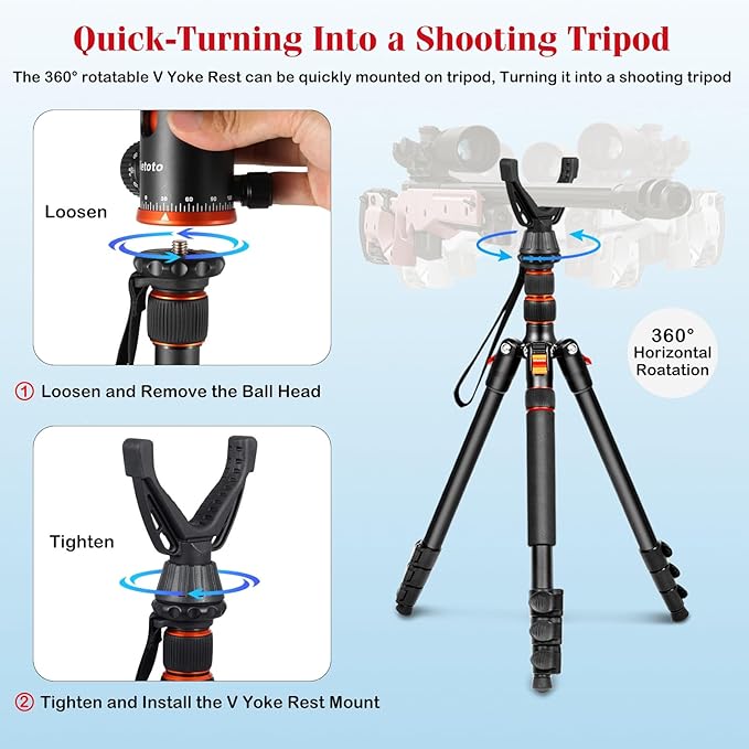 Nietoto 2 in 1 Camera Tripod & Hunting Stand Foldable, 68" Ball Head Tripod for Camera and Phone, Heavy Duty Tripod for DSLR Camera Lasers Binoculars Telescope Spotting Scope, Min Size 16.5" with Bag