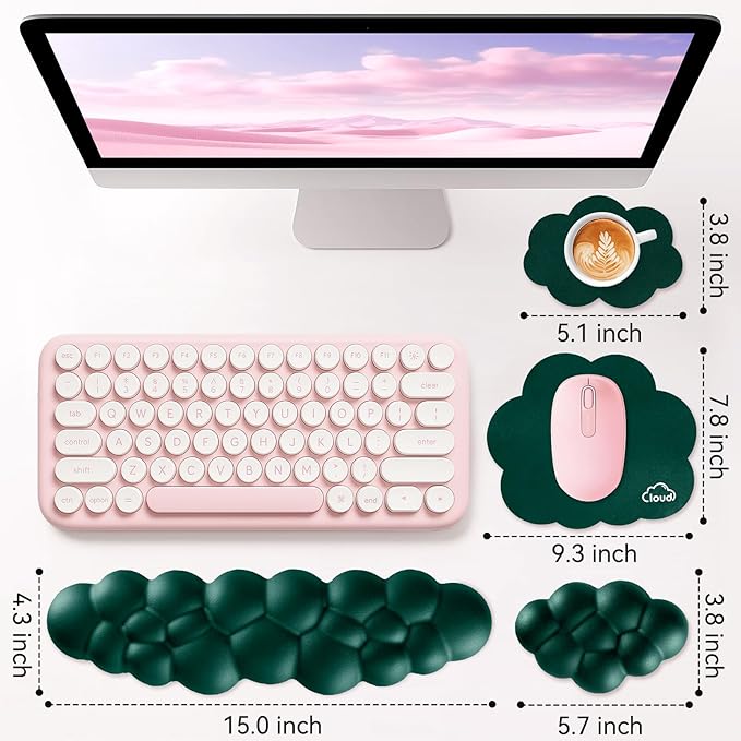 Sushret Cloud Wrist Rest for Computer Keyboard, 4-in-1 Memory Foam Leather Cloud Keyboard Wrist Rest and Mouse Pad Set with Ergonomic Support for Arm and Palm Cushion, Gaming/Work Setup, Dark Green