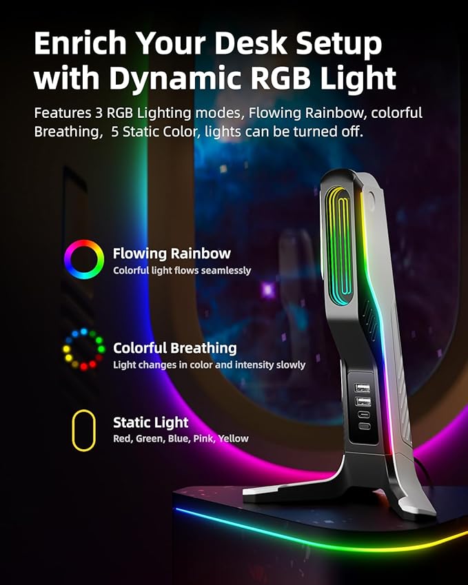 IFYOO RGB Gaming Headset Stand with 2 USB and 1 Type-C Ports, Game Headphone Mount for PC Computer, Xbox One, Xbox Series S/X, PS5, PS4, Earphone Holder Hanger, Desk Gamer Accessories, Black&White