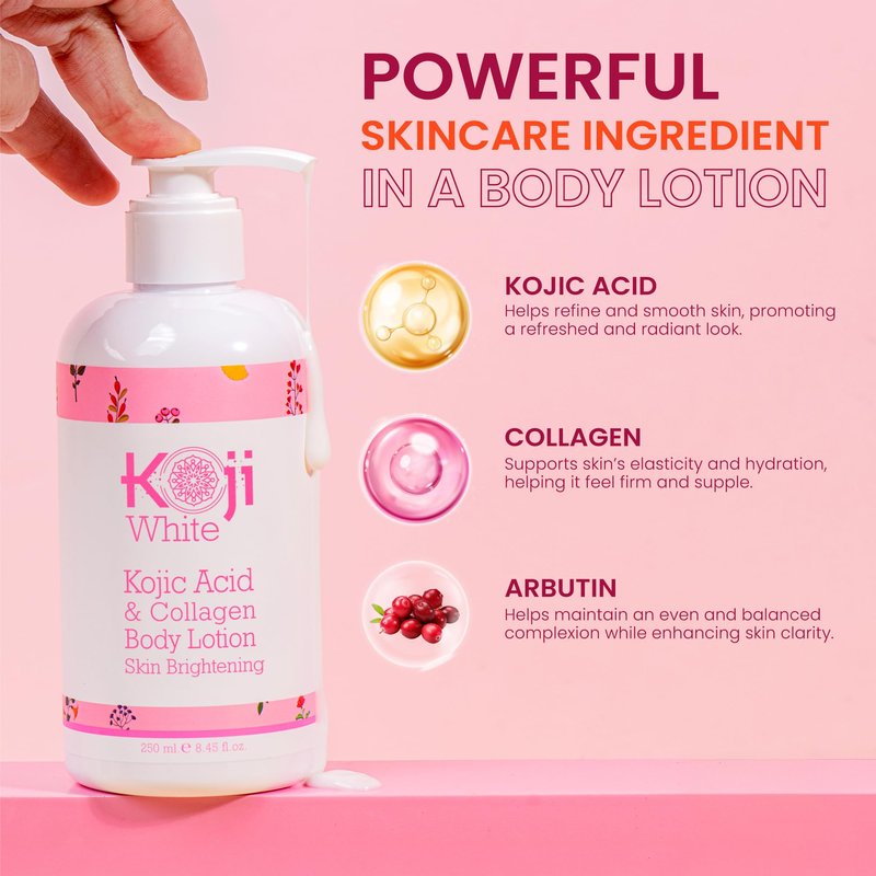 Koji White Kojic Acid & Collagen Body Lotion, Women Gifts Set for Skin Brightening with Arbutin, Glowing Skin, Moisturizer & Radiant Complexion, Uneven Skin Tone - Vegan, 8.45 Fl Oz (2 Packs)