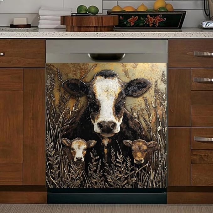 Rustic Farmhouse Cow Kitchen Decor Dishwasher Magnet Cover Decal, Wheat Field Magnetic Dish Washer Panel Door Vinyl Sticker, Refrigerator Magnets,Easy to Clean, 23 x 26 inch