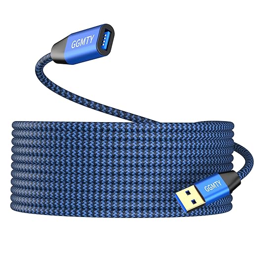 GGMTY 25FT USB 3.0 Extension Cable, Type A Male to Female Extender Cord, Heavy Duty 5Gbps Data Sync with 24/28 AWG Copper, Blue-Black Braided Extra Long Wire for Security Camera, Printer, PC