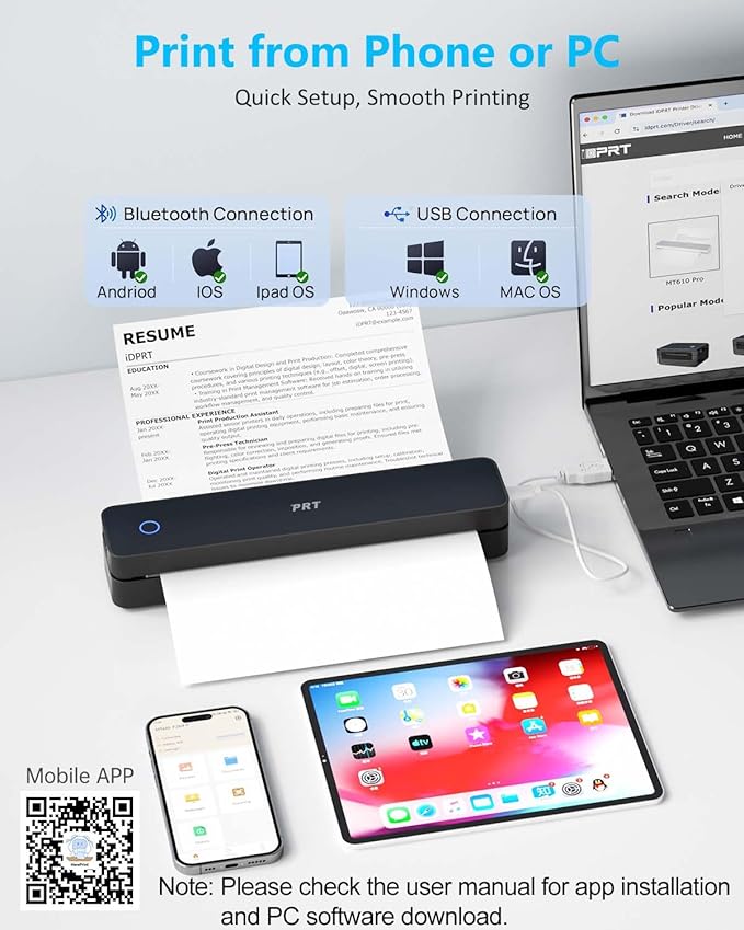 PRT Inkless Portable Printer for Travel, Wireless Thermal Printer Support 8.5 x 11 US Letter A4 B5, Bluetooth Mobile Printers for Laptop, iPhone, Android for Home, Car, Office, School, MT610 Black