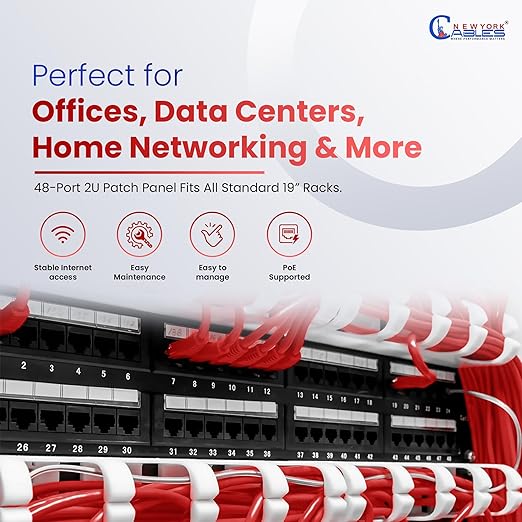 NewYork Cables 48 Port Cat6 Patch Panel, 10Gb Ethernet, 2U 19-Inch Rack or Wall Mount, UTP Network Patch Panel, Heavy-Duty Steel, Color-Coded T568A/B, 110/Krone Compatible, Black