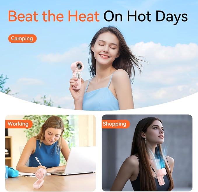 KIMMOO 3-in-1 Portable Handheld Turbo Fan-100 Speeds, 15000 RPM, 10Hrs Cooling, LED Display, 90° Rotation, Small Travel Fan, Mini Foldable Hand Held Personal Fan for Women Men (Pink)