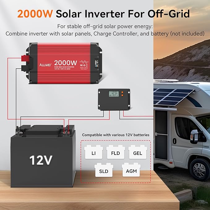 ALLWEI 2000W Pure Sine Wave Inverter 12V DC to 120V AC Converter, Surge 4000W, 20A Sockets, Hardwire Port, Power Inverters for Vehicles, RV Truck Home Solar & Off-Grid Inverter, Remote Controller