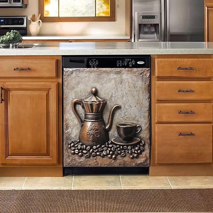 Retro Coffee Magnetic Dishwasher Cover for Kitchen Decorative, Coffee Lover Dishwasher Refrigerator Magnets Decor, Dish Washer Magnet Covers for The Front 23" x 26"