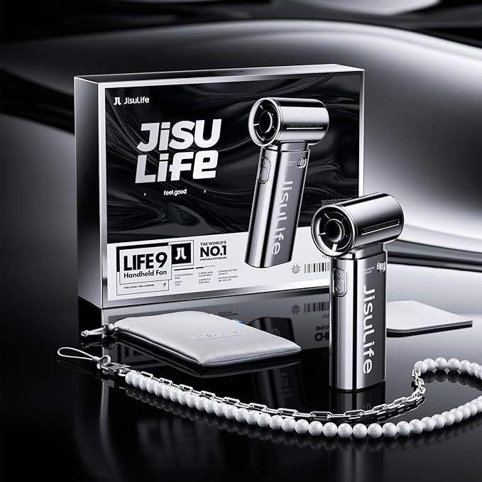 JISULIFE Portable Handheld Fan, Turbo Power High Speed Air [22H Max Cooling Time], 5 Gear Wind, 5000mAh Rechargeable, Mini Pocket Design, Personal Fan for Travel Concerts Camping Makeup - Chrome