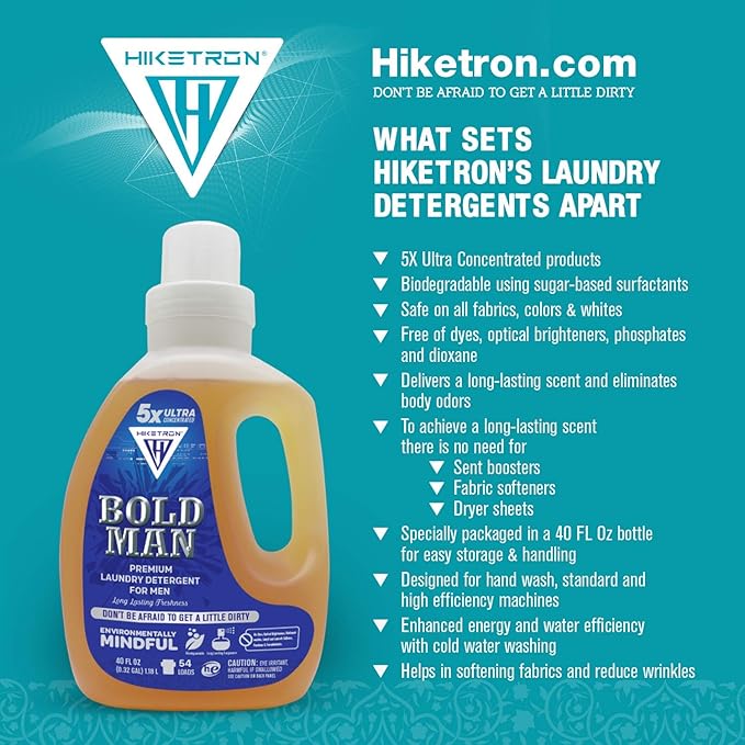 Hiketron Bold Man Liquid Laundry Detergent, 5x Ultra Concentrated, Tough Stains Remover Washing Detergent, Long Lasting Masculine Scent (40 Fl Oz, Pack of 1)