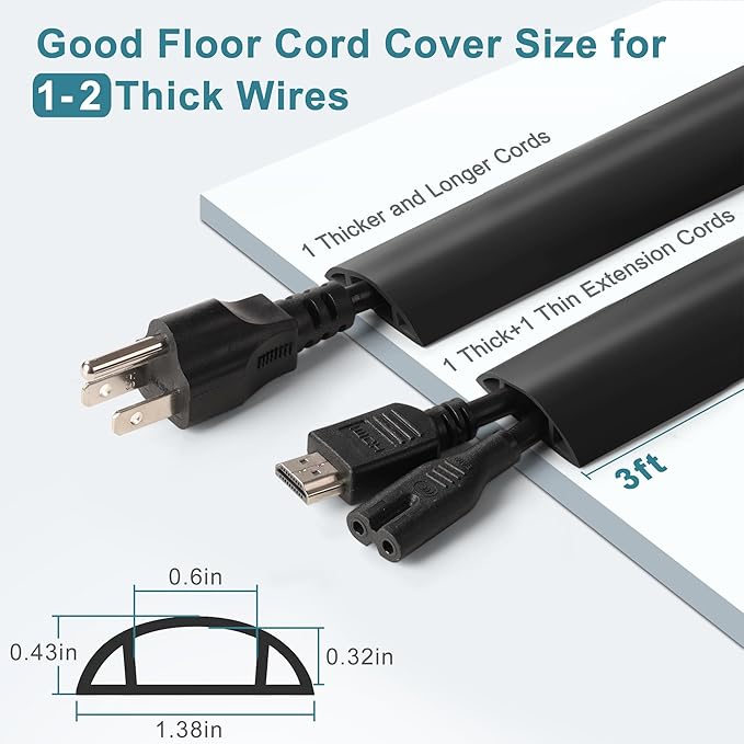LZEOY 8.5ft Black Cord Protector, Soft Floor Wire Covers - Channel: 0.6"W x 0.32"H