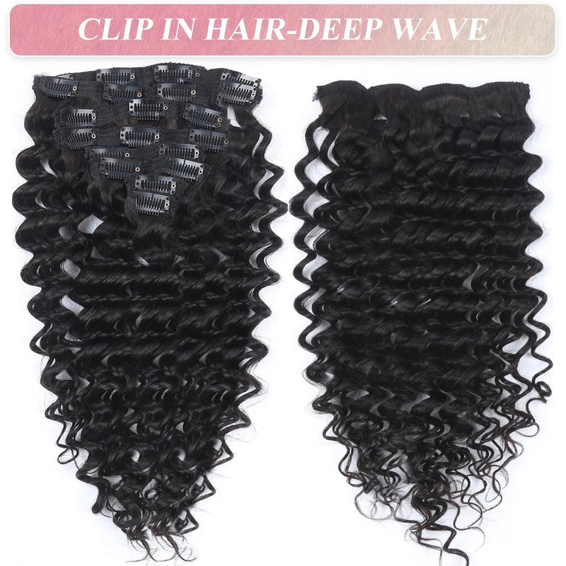 Deep Wave Clip in Hair Extensions Real Human Hair 14 Inch Deep Curly Clip ins for Women Invisible Seamless Remy Human Hair Clips in Extensions 8pcs 100g/3.5oz 20 Clips Double Weft Natural Black