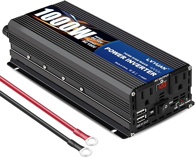 LVYUAN 1000W Pure Sine Wave Inverter 12V DC to 110V/120V AC, 2000W Peak Car Power Inverter with Dual AC Outlets, Dual USB Ports & LED Display for RV, Truck, Solar, Camping, Home Backup