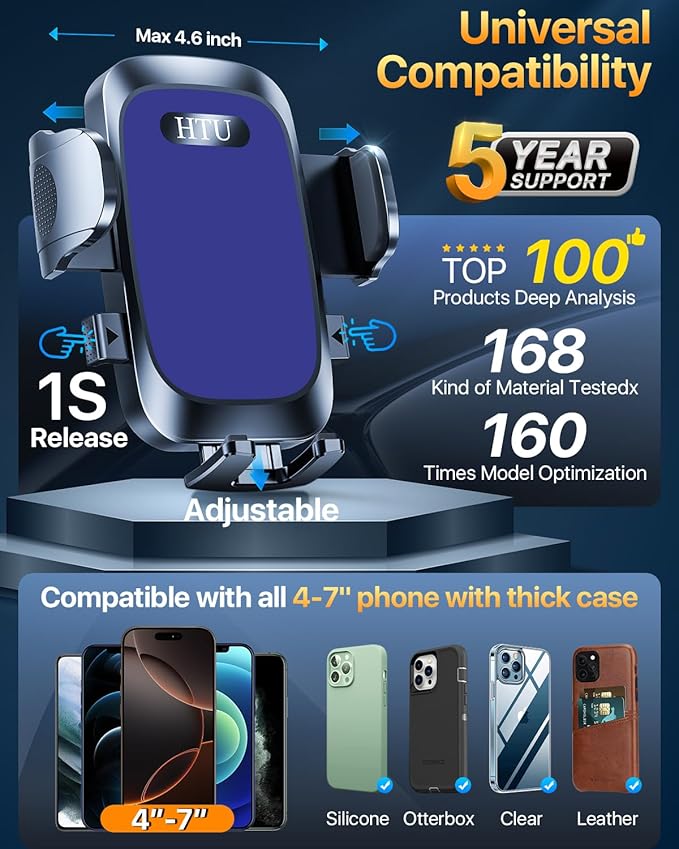 HTU Upgraded Strongest Suction Car Phone Holder Bendable Arm, Never Block View Rotatable Cellphone Mount for Dashboard Windshield Vent, Cradle Stand for iPhone 17 16 15 14 13 12 Pro Max (Lndigo Blue)