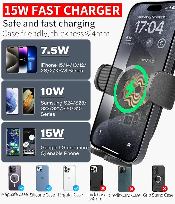 APPS2Car Cup Holder Phone Mount Wireless Car Charger, 15W Qi Fast Charging Car Mount, Adjustable Long Arm & 360° Rotation, Fits 3"–4" Round Cup Holders Compatible with All Smart Phones