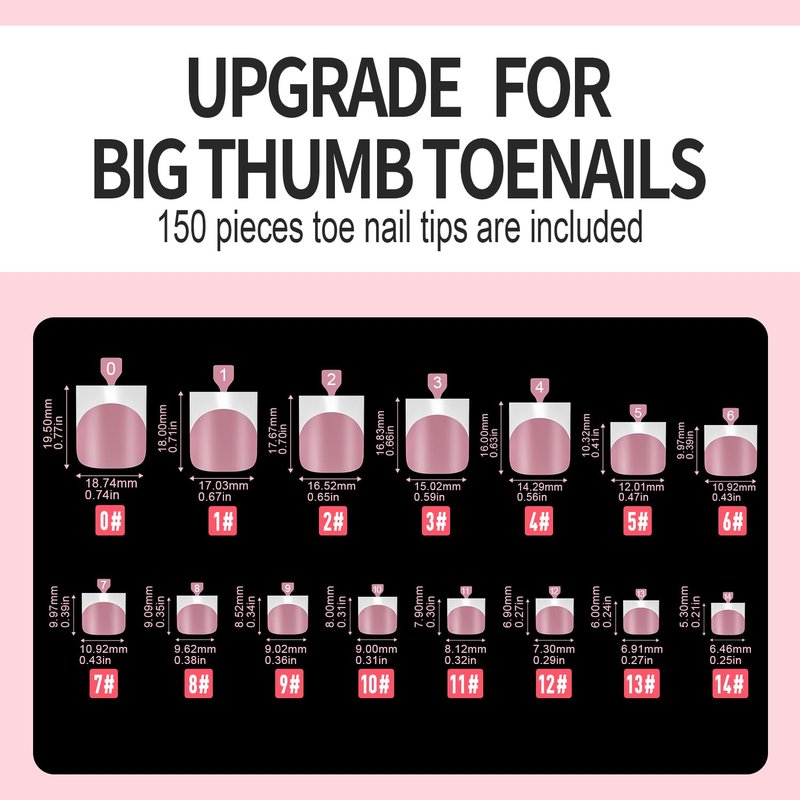 Vansiho French Tip Press-On Toenail Set - 150 Pcs Soft Gel Acrylic Nail Tips | Pink & White, 15 Sizes