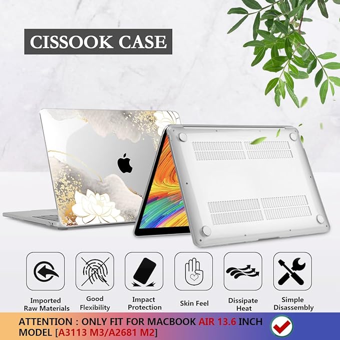 CISSOOK for MacBook Air 13.6 inch Case 2026 2025 2024 2023 2022 Release Model A3449 A3240 A3113 A2681, Lotus Hard Shell Case Keyboard Cover for MacBook Air 13 M2 M3 M4 M5 Chip, Charming Painting
