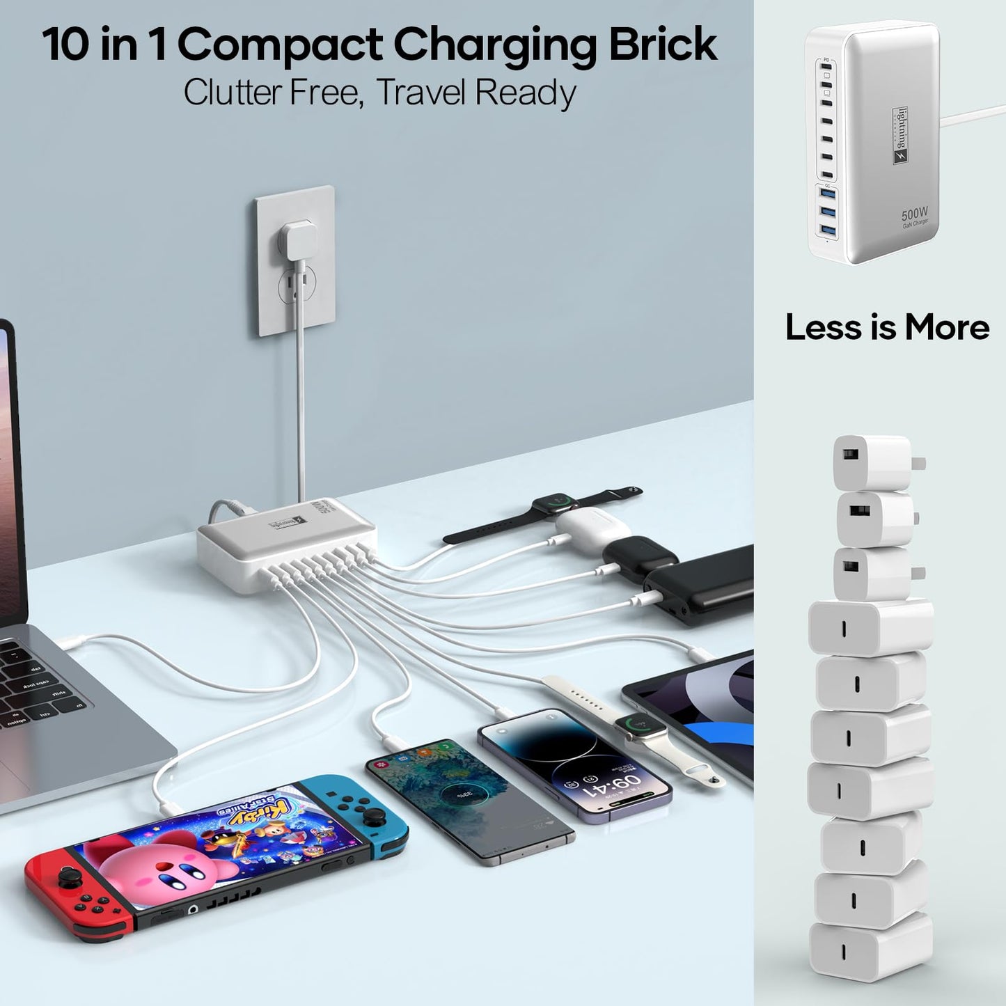 Charging Station for Multiple Devices 500W, 10 Ports Charging Blocks for Laptops/Tablets/Cellphones, 140W Max GaN Charger Super Fast Charging for MacBook, Ipad, iPhone, Power Adapter for Travel