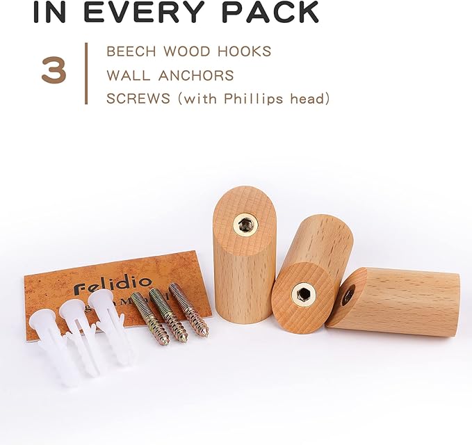 Felidio Wood Wall Hooks, 3 Pack Rustic Coat Hook Wall-Mounted, Decorative Hooks for Hanging Coats Hats Towels Robes Hat Rack for Wall (Beech Wood)