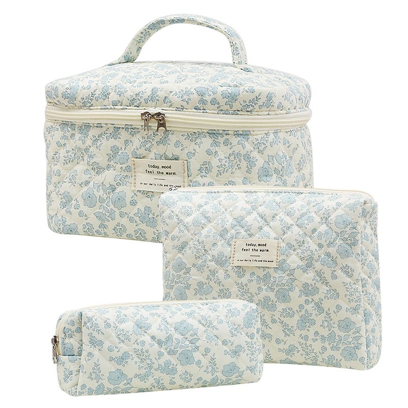 Quilted Floral Makeup Bag 3PCS, Cute Cotton Coquette Aesthetic Travel Toiletry Bag, Zipper Cosmetic Pouch, Daily Travel Use Skincare Bag, Large Capacity (Powder Blue Botanical)