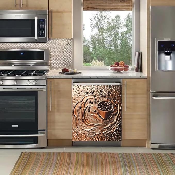 Coffee Copper Relief Effect Dishwasher Magnetic Cover for Door Front 23x26 Inch Dish Washer Magnet Panel Decal for Fridge Home Appliance Kitchen Decoration