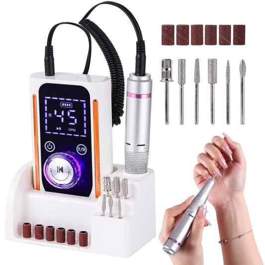 Portable Nail Drill File Electric 45000RPM Rechargeable DIY Nail Drill Kit with Large LCD Screen Led Indicator Cordless with Bits & Base for Gel Nail Manicure and Pedicure Reflective Body etc