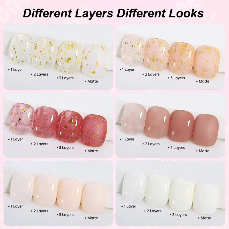 YTD Likomey Nude Gel Nail Polish Set,Translucent Neutral 6 Color with Base and Top Coat Set,Milky White Pink Peach Red Gold Foil Jelly Sheer UV Nail Gel Varnish DIY,8 Pcs 7.5 ml