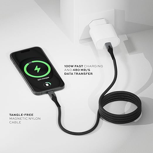 Statik MagStack Pro USB C to USB C Cable, Magnetic Type C Charger Fast Charging Cord, On The Go Magnetic Charging Cable for Car, Compatible with iPhone, iPad & Android, 100W 3FT, 3-Pack