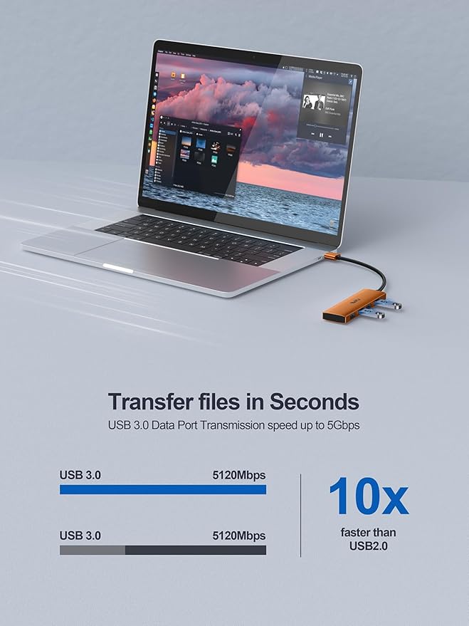 USB 3.0 Hub, 4 Port USB Hub Splitter, USB A Expander Portable USB Adapter Multiport Data Hub for Laptop, iMac Pro, MacBook Air, Mac mini/Pro, Surface Pro, USB Flash Drives, and Mobile HDD-Orange
