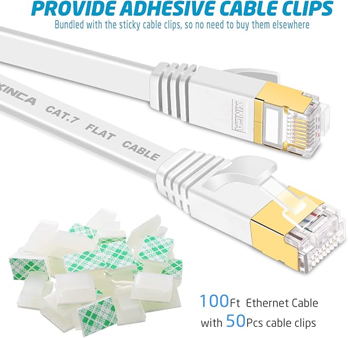 XINCA Cat 7 Flat Ethernet Cable 100ft White, High Speed 10GB Shielded (STP) LAN Internet Network Cable Ethernet Patch Computer Cable with Rj45 Connectors and 50pcs Adhesive Cable Clips