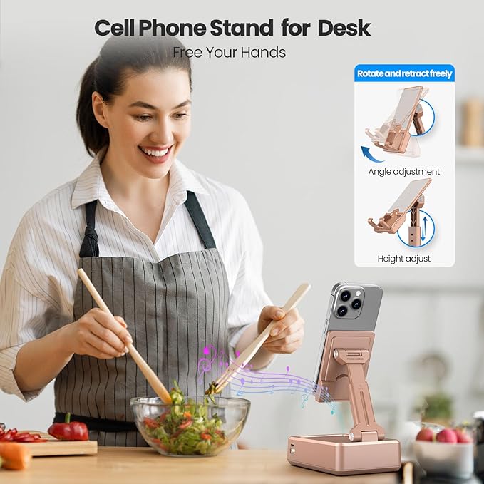 JTEMAN Cell Phone Stand with Bluetooth Speaker and Charging Function, HD Sound Adjustable Phone Holder, Birthday Gifts for Men Women, Cool Tech Kitchen Gadgets for All Phones,Tablet (Rose Gold)