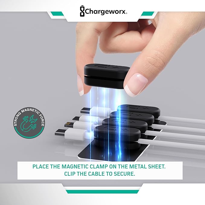 CHARGEWORX Magnetic Cable Clips 20-Pack – Adhesive Cord Organizer for Desk, Wall, Nightstand & Car – Magnetic Cable Holder for USB-C, Lightning, HDMI & Charging Cables – Cable Management Clips