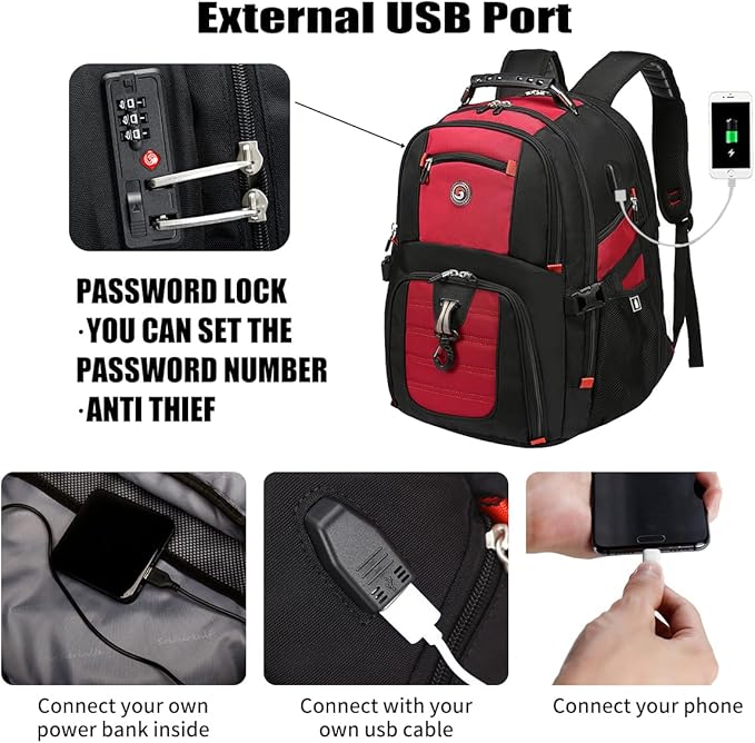 SHRRADOO Extra Large 50L Travel Laptop Backpack with combination lock, College Backpack Airline Approved Business Work Bag Fit 17 Inch Laptops for Men Women,Red