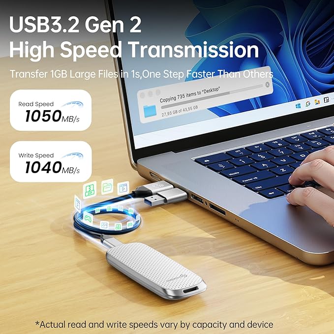 PHIXERO P10PRO External NVMe SSD 256GB, Up to 1050MB/s, USB 3.2 Gen2, Includes 2-in-1 USB C Cable, Portable Hard Drive for iPhone 15/16 PRO/Android/Mac, White