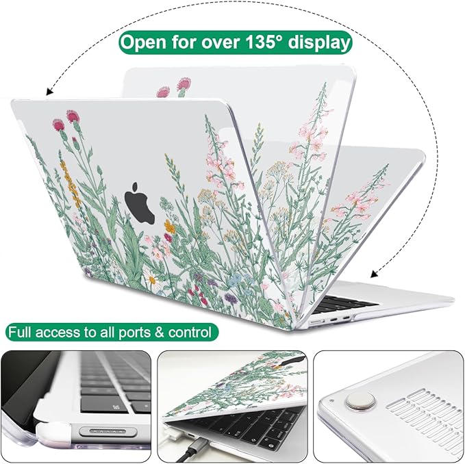 LCMOCICO for MacBook Air 13 Inch Case 2026 2025 2024 2023 2022 Release M5 A3449 M4 A3240 M3 A3113 M2 A2681, Scratch Resistant Plastic Hard Shell Case for MacBook Air 13.6 M5, Green Plants Flowers