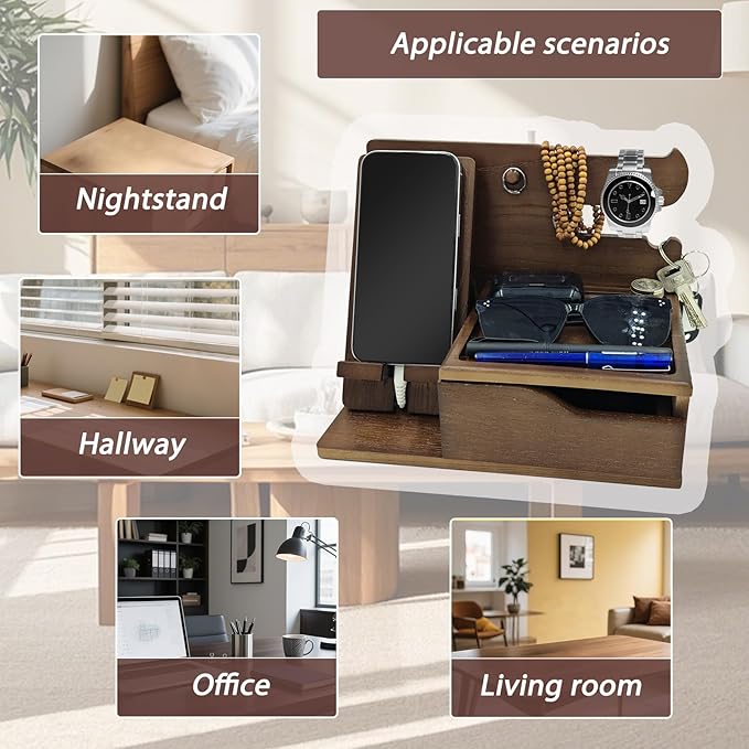 UUyuality 3-in-1 Wood Phone Docking Station Organizer with Drawer & Hidden Charging Hole for Phone, Keys, Glasses & Accessories, for Men (WALNUT, 01)